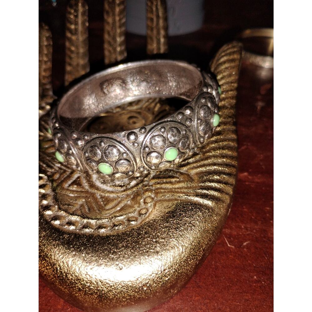 Lucky Brand Vintage green stone and silver toned HEAVY bangle bracelet